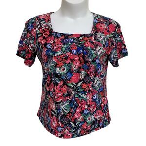 T Tahari Blouse Womens Size Large Multicolor Floral Square Neck Short Sleeve